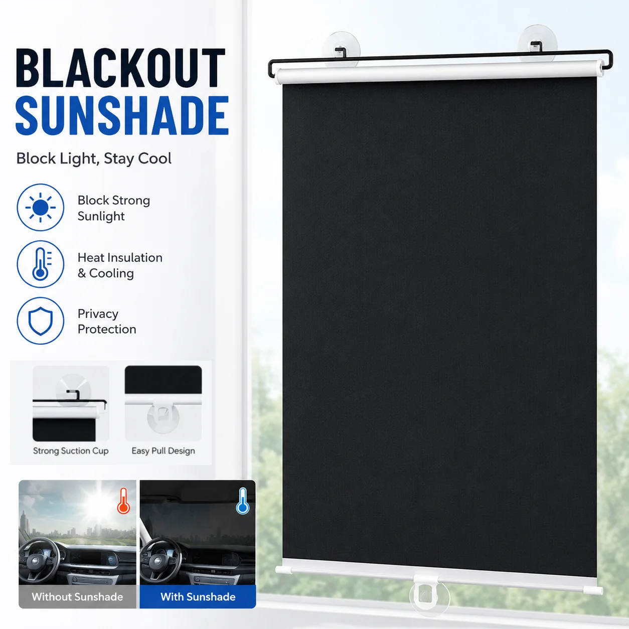 Protetor Solar de Titânio Prata, Totalmente Opaque, Isolamento Térmico, Sem Perfuração, Com Ventosa, Cortina Rolô Dobrável para Janelas de Casa, Escritório e Carros