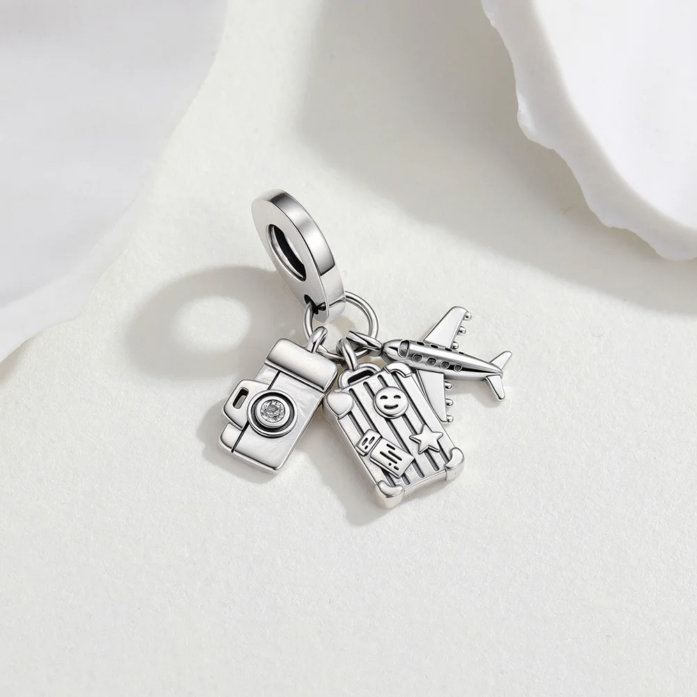 925 Sterling Silver Travel Dangle Charm Suitcase Airplane & Camera Design Bead Fit Bracelets Travel Lover Jewelry Gift For Women