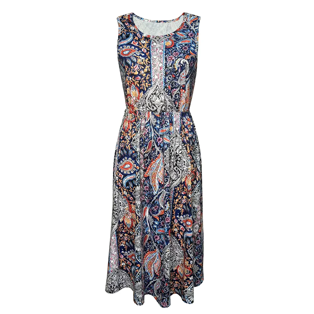 2026新作 レディース 欧米風プリントノースリーブタンクトップワンピース、クルーネック、ウエストシェイプ＆スリム、バケーション向け