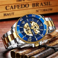 BIDEN Brand Skeleton Blue Golden Automatic Waterproof Stainless Steel Band Luminous Hand Roman Numerals Mechanical Wrist Watch