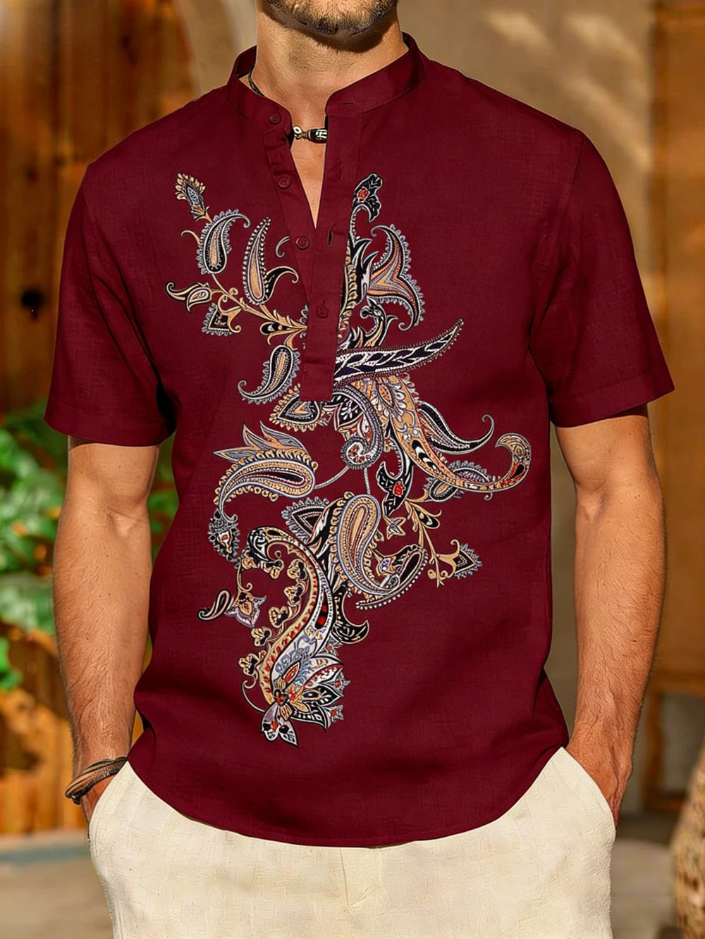 Summer Men's New Short Sleeve Linen Shirt Natural Ethnic 3D Printed Shirt Men's Outdoor Leisure Fishing Clothes Fast Shipping