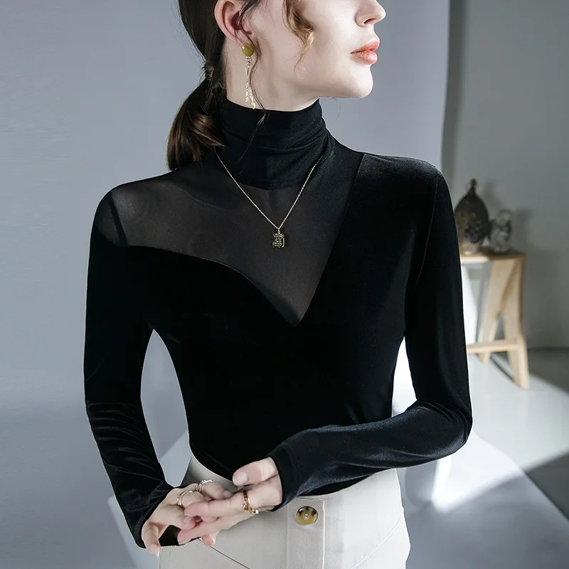 Patched Transparent Mesh Turtleneck T Shirts Tops Fall Winter Bottoming Black Velour Tshirt Stretchable Base Tees For Female