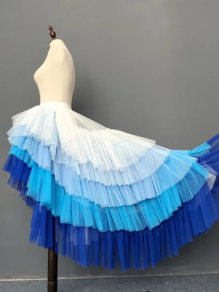 Mingli Tengda Blue Gradual Change Long Tailed Bride Activity Tulle Half Length Poached Cake Skirt Stage Show Petticoat High Low