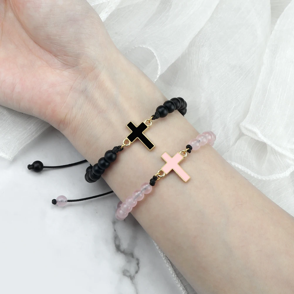 النساء الصليب سوار 6 مللي متر الوردي الكوارتز الأسود الجزع الحجر الطبيعي الخرز أساور اليدوية الرجال الإسورة قابل للتعديل الصلاة اليوغا مجوهرات #5