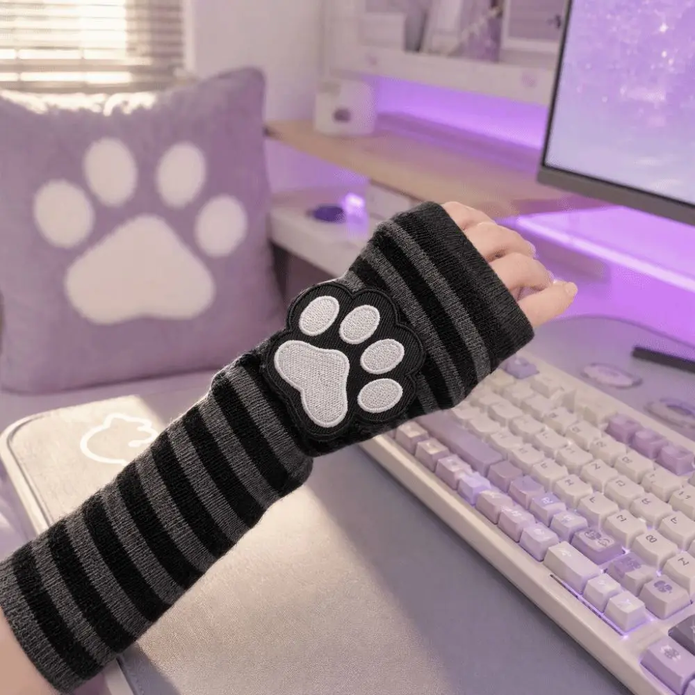 Cute Cat Claw Striped Pattern Fingerless Gloves Long Tube Design Black Arm Cover Sun Protection Sleeves Gloves Cosplay Wear