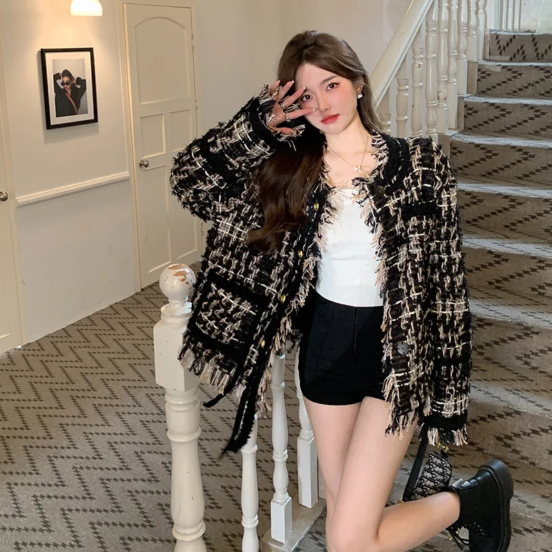 트위드 재킷 긴팔 여성 가을 다기능 캠퍼스 기본 패치 스탠드 칼라 3D 한국 스타일 보헤미안