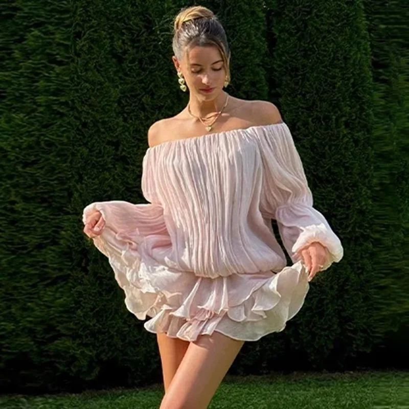 Ticketsx été brillant une épaule maigre plissé Mini robe élégante solide froncé à manches longues robes dame robe de soirée