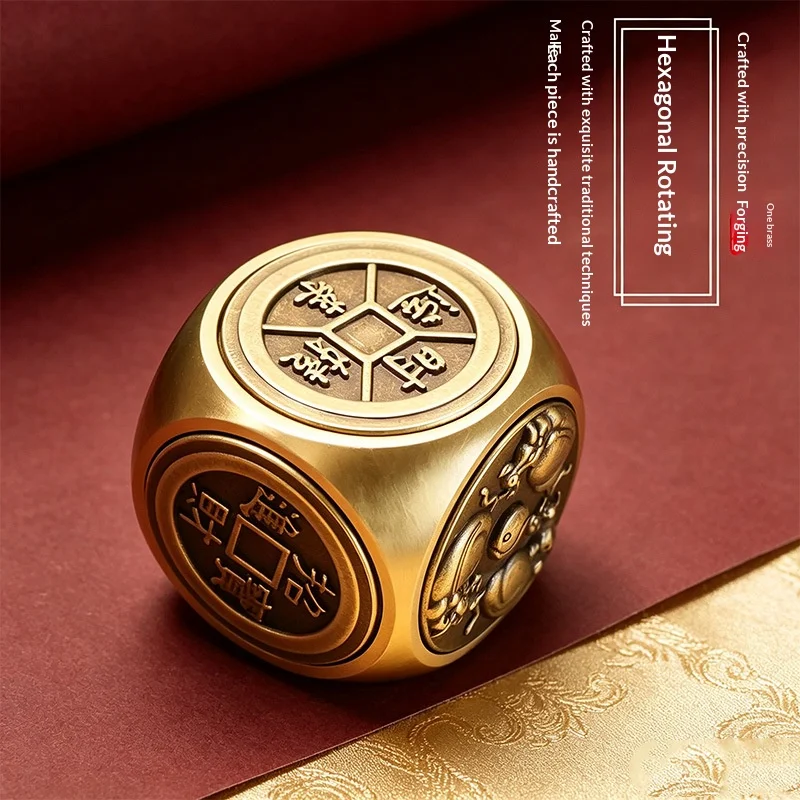 Brass 6-Sided Chinese Lucky Coin Spinner Fidget Dice, Feng Shui Fortune & Wealth Toy, Stress Relief Anxiety Decompression Gadget