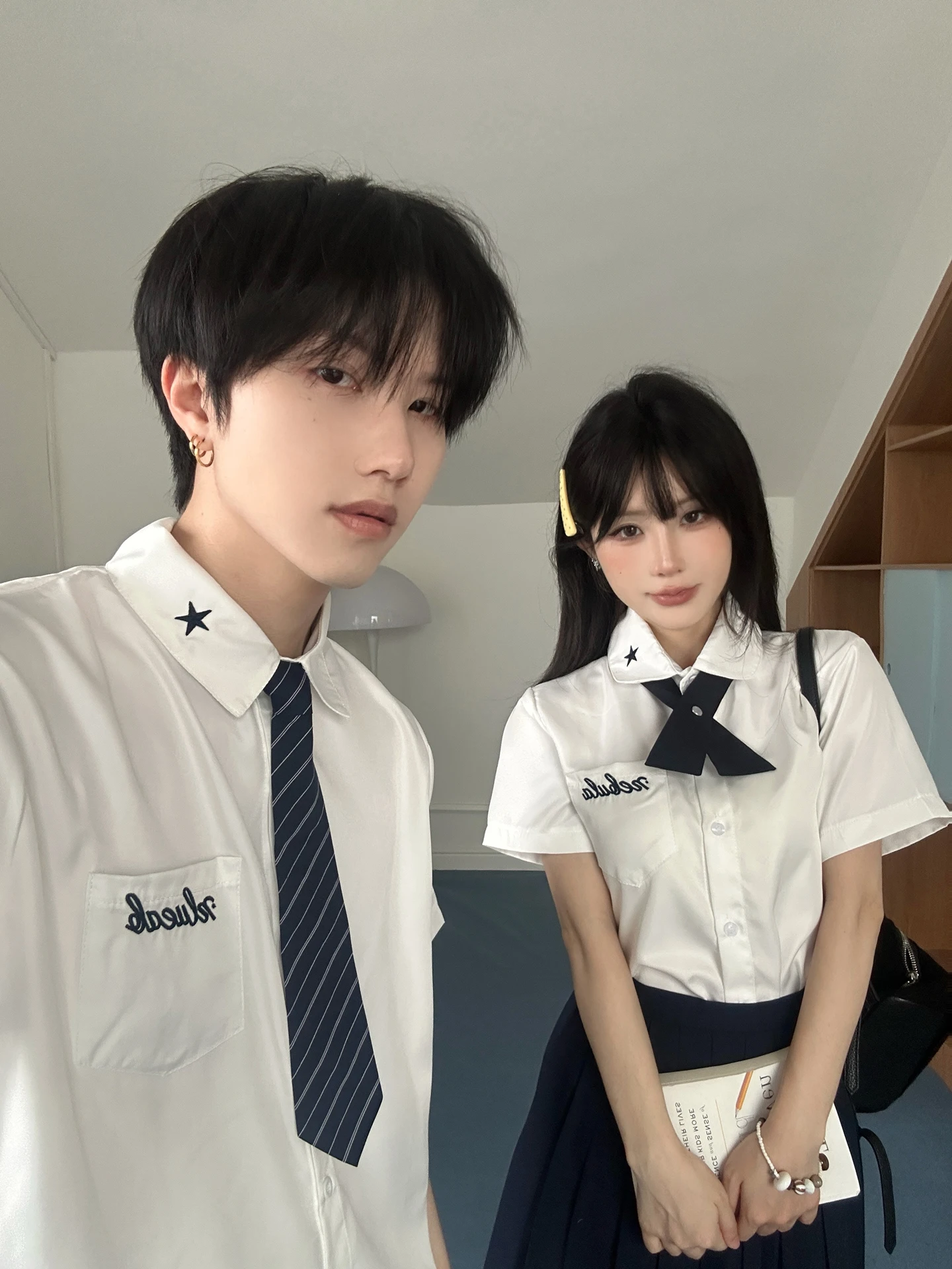 

Short Sleeve Embroidered Collar Shirt Graduation Class Uniform School Uniform Set Skirt for Men And Women Couple Outfit Colle...