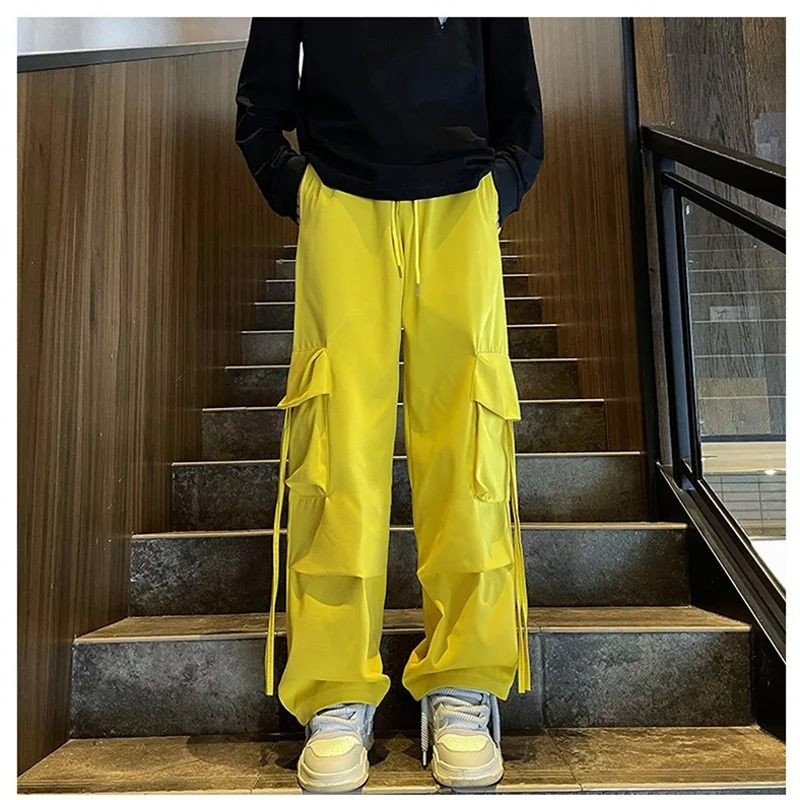 New Men's Pants Ribbons Hip Hop Streetwear Big Pocket Drawstring Yellow Black Draped Loose Long Straight Young Trousers Man