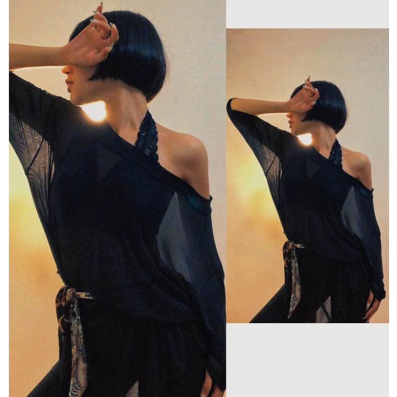 

Наряд для танго, одежда для бальных танцев, черная танцевальная одежда для сальсы, сетчатые топы для латинских танцев, женский костюм для самбы, сценическая одежда