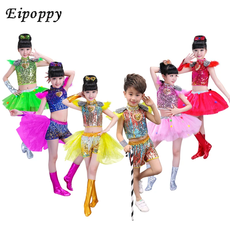 New Children's Jazz Sequined Performance Kits Kindergarten Modern Dance Pompon Skirt Men and Women Choir Costumes