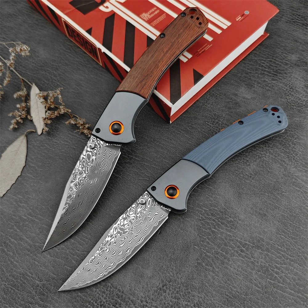 

High Quality BM 15080 Tactical Folding Knife Damascus Steel Blade Red Sour Branch/Blue G10 Handle Defense Survival Military Tool