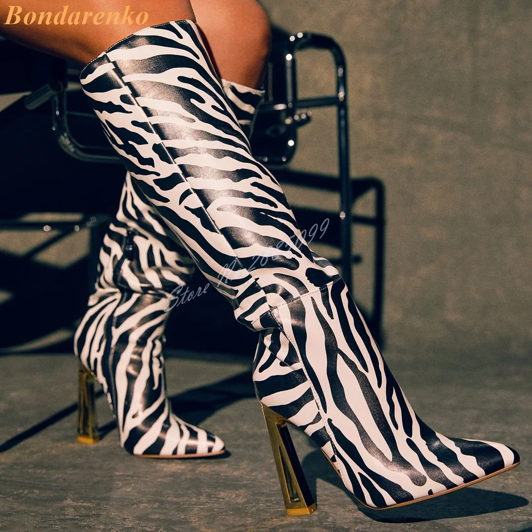 Zebra Printed Metal Heels Boots Pointy Toe Strange Style Knee High Boots Side Zipper New Style Women Shoes Winter Party Designer