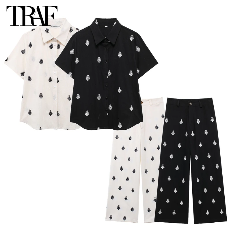 TRAF Embroidery Sets for Women 2 Pieces Summer Suit Pants Set Woman Two Piece Outfits Women Pants Women\'s Top and Bottom Set