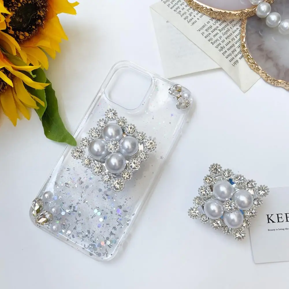 Exquisite Mobile Phone Holder  Anti-slip Square Mobile Phone Stand  Rhinestone Faux Pearl Expanding Phone Grip Tok