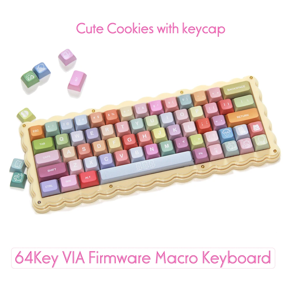 Wired Hot Swap 64 Keys Cookies Cute Keyboard Acrylic Layer VIA Macro RGB Mechanical Gaming Programing Keypad with Keycap