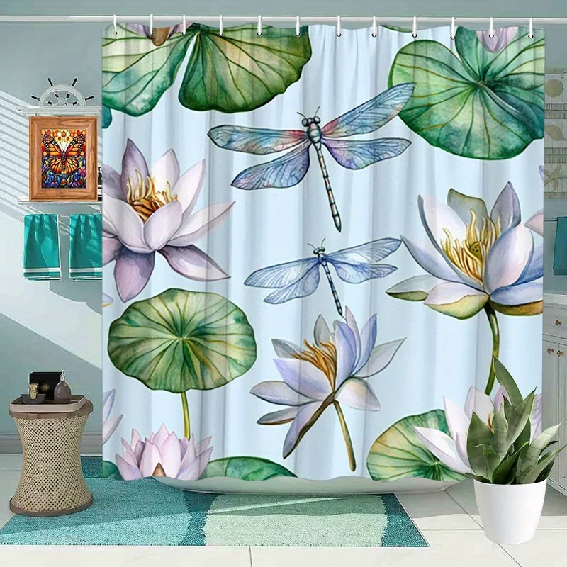 Water Lilies and Dragonflies Shower Curtain - Water-Resistant, Easy to Clean, Adds a Serene and Natural Touch to Your Bathroom