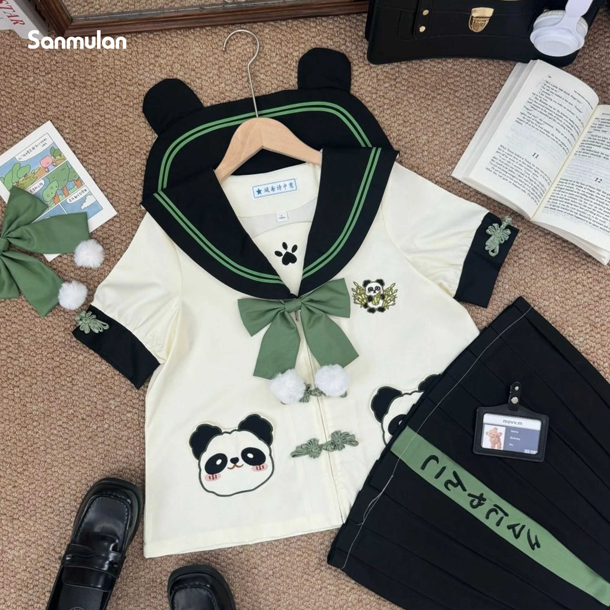 

Black and Green Panda Pattern JK Uniform Cute Short-sleeved Long-sleeved Sailor Suit Orthodox Kindergarten Role Play Girl