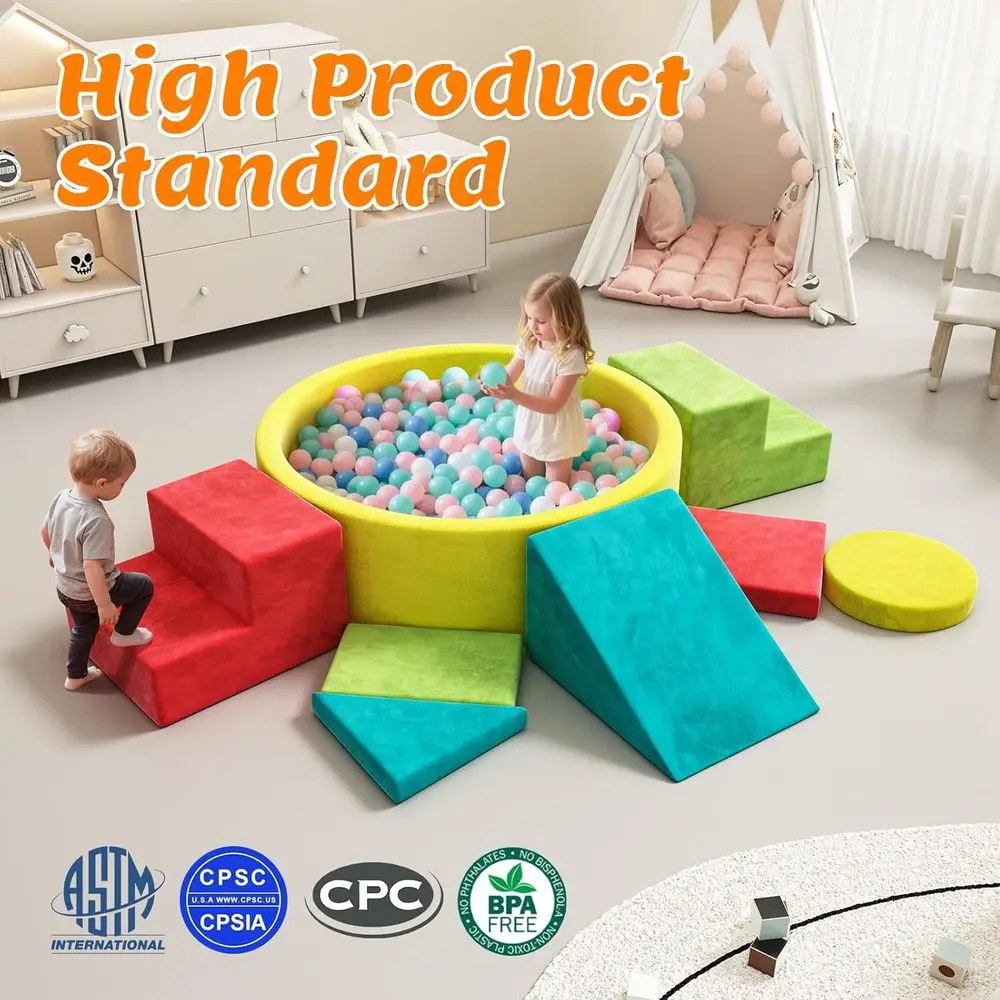 Juego de bloques de escalada de espuma para niños pequeños con pozo de bolas, juguetes de interior de juego suave de 8 piezas para edades de 1 a 3 años