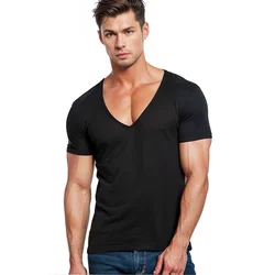 2023 ​European And American Men Summer Deep V Neck Tshirt  ShortSleeved Solid Color Cotton Gym Fitness Sports Running Boxing Top