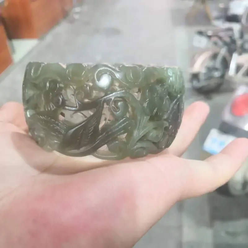 

Pure natural hetian jade bangle hand carved hollowed out bird flower Bracelet Very Delicate women bracelet Fine Customized Jewel