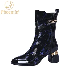 Phoentin Elegant print Ethnic Women Boots 2023 new Genuine Leather High Heel round Toe side zip Ankle boot big size shoes FT2012