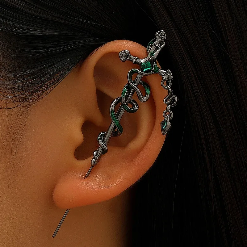 Dark Wind Spirit Snake Entangled Ear Hanging Slytherin Snake Academy Puncture Exaggerated Punk Ear Needles Earrings Female