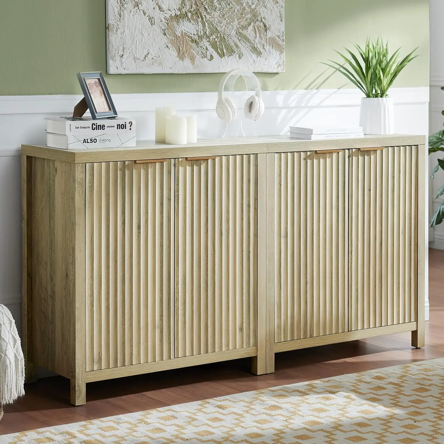 Fluted Sideboard Buffet Cabinet with Adjustable Shelves, Multifunctional Console Cabinet Accent Cabinet Set of 2