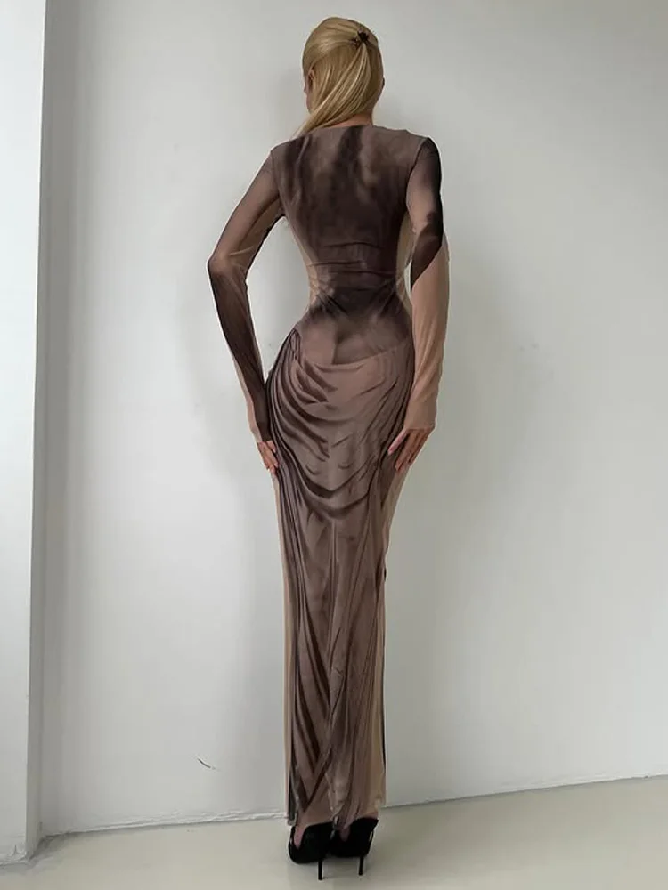 Printed Mesh Dresses For Women Fashion Sexy Streetwear O-Neck Long Sleeves Sheer Sheath Side Split Long Vestidos Robes Female