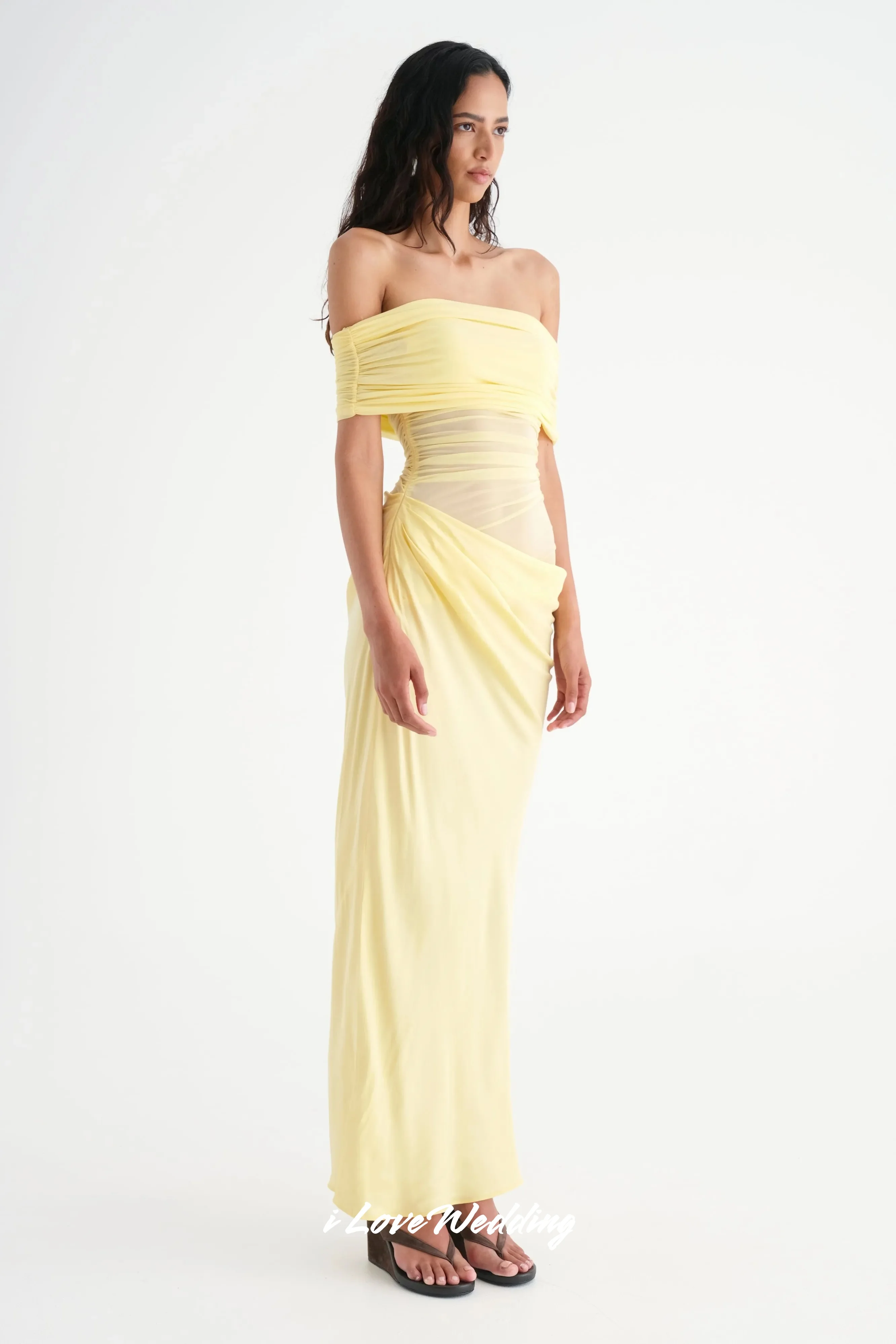 Yellow Off the Shoulder Evening Dress 2025 Chiffon Strapless Pleated Floor-Length Mermaid Dress for Special Occasions Customized
