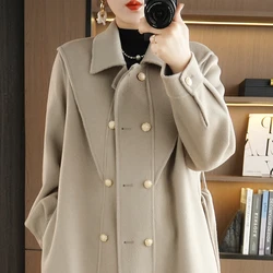 Ladies' 100% cashmere thick double-sided long jacket, classic and multifunctional, fashionable and suitable for business and lei
