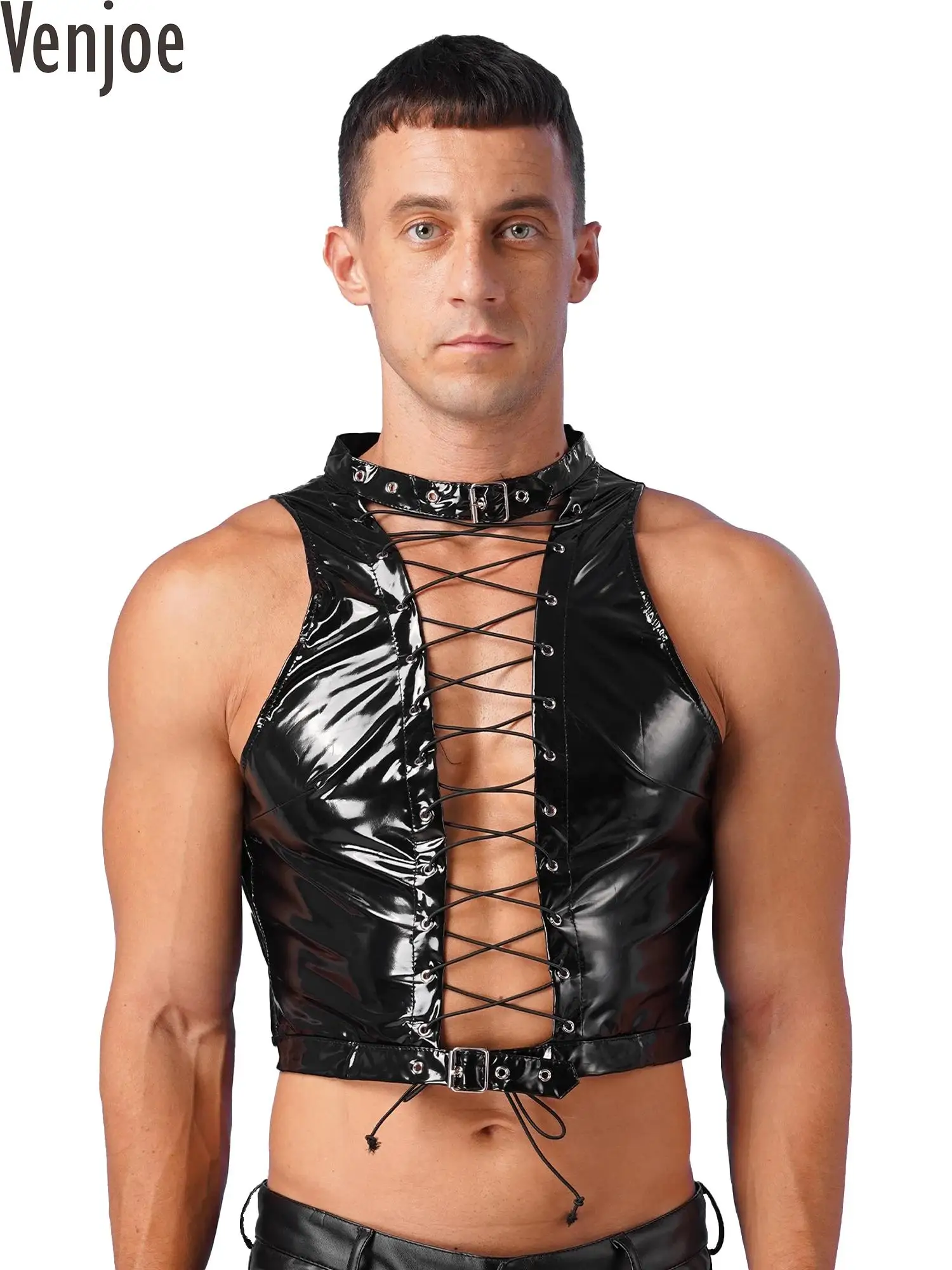 

Mens Wet Look Patent Leather Sleeveless Crop Top Hollow Out Eyelet Lace-Up Vest Gothic Punk Tank Top Rave Party Clubwear Top