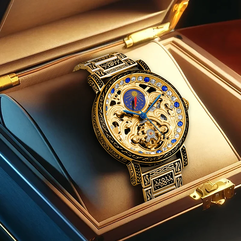 

Мужские стильные повседневные модные механические часы из нержавеющей стали с гравировкой солнца и луны золотого и синего цвета.