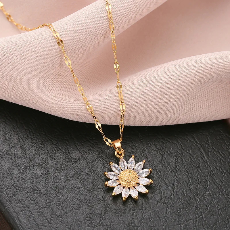 1PCS Gold-color Necklace Ladies Light Luxury Style Flower Pendant Inlaid Zirconia Titanium Steel Chain Holiday Jewelry image 2
