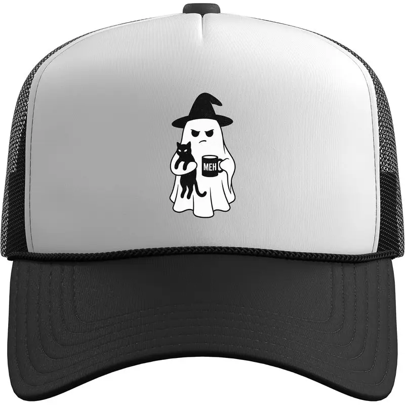Meh Ghost Holding Black Cat and Coffee Witch Hat Trucker Hat with Adjustable Mesh Back
