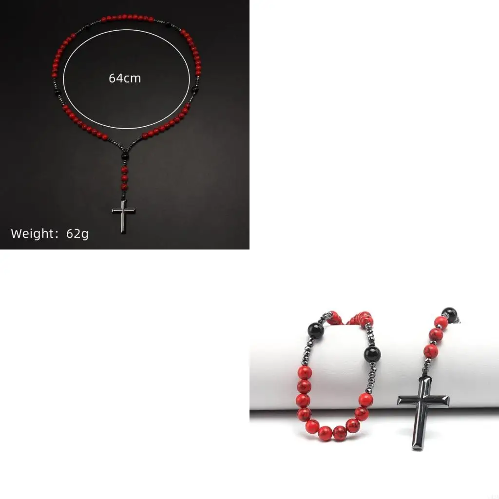 L43A Catholic Hematite Pendant Men Necklaces Stone Rosary Necklaces