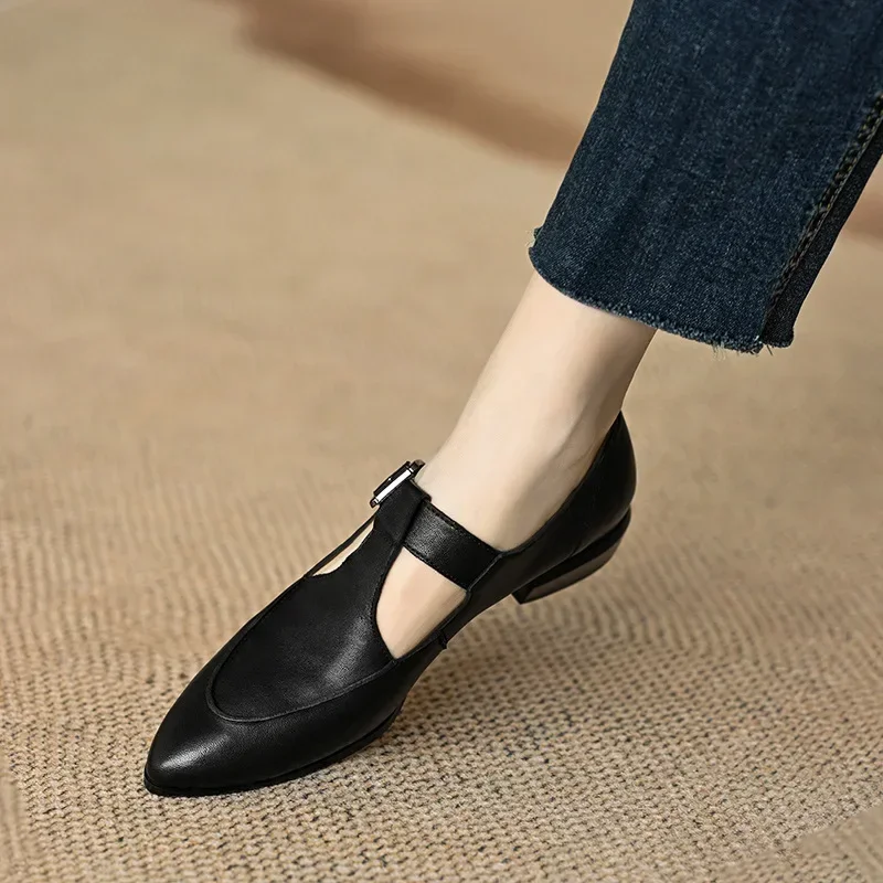 Retro Fashion Pointed Low Heel Women\'s Shoes  T-shaped Buckle Mary Jane Shoes for Women Platform Heels Zapatos De Mujer 2024