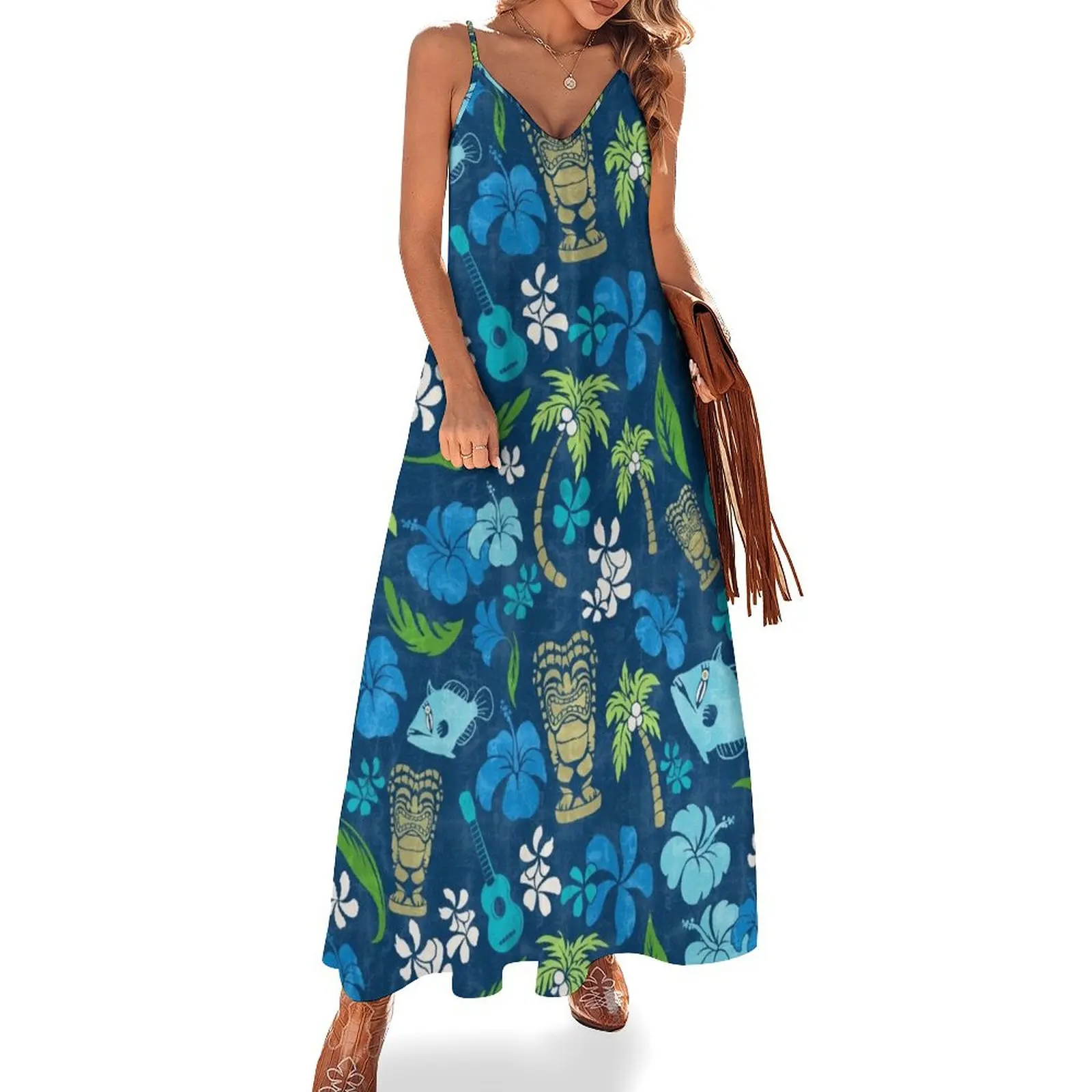 

Makapuu Beach Hawaiian Batik Print - Navy and Turquoise colorway Sleeveless Dress Women's summer suit sexy dress Dress