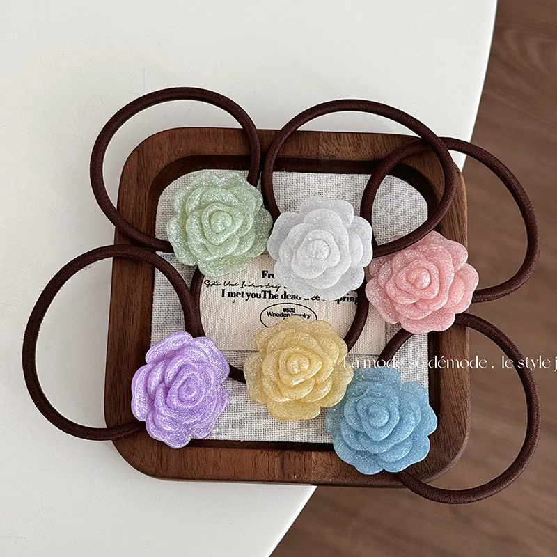 Korean Thin Flash Rose Rubber Band Sweet Flower Hair Band Simple All-Match Ponytail Hair Tie Rubber Band Does Not Hurt Hair Rope