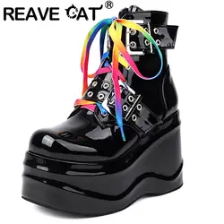 REAVE CAT Women Ankle Boots Round Toe Wedges High Heel 10.5cm Platform Hill 6.5cm Lace Up Patent Leather Bota 44 45