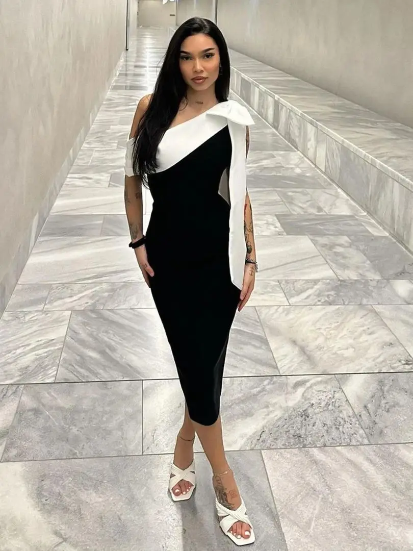 INS Chic 2024 Sexy One Shoulder Bow Tie Draped Shoulder Midi Bandage Dress Women Celebrity Evening Party Dress Vestido