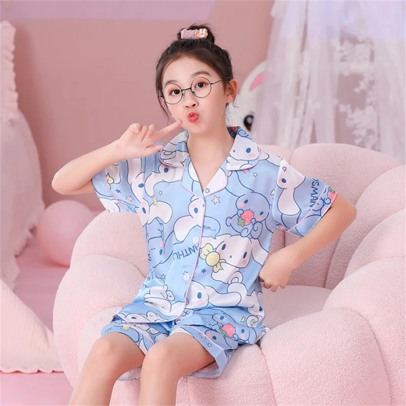 Sanrio Kawaii Kuromi Cinnamoroll Mymelody Childs Pajamas Cartoon Anime Short Sleeve Shorts Cute Pajamas Home Two Piece Toy Gifts