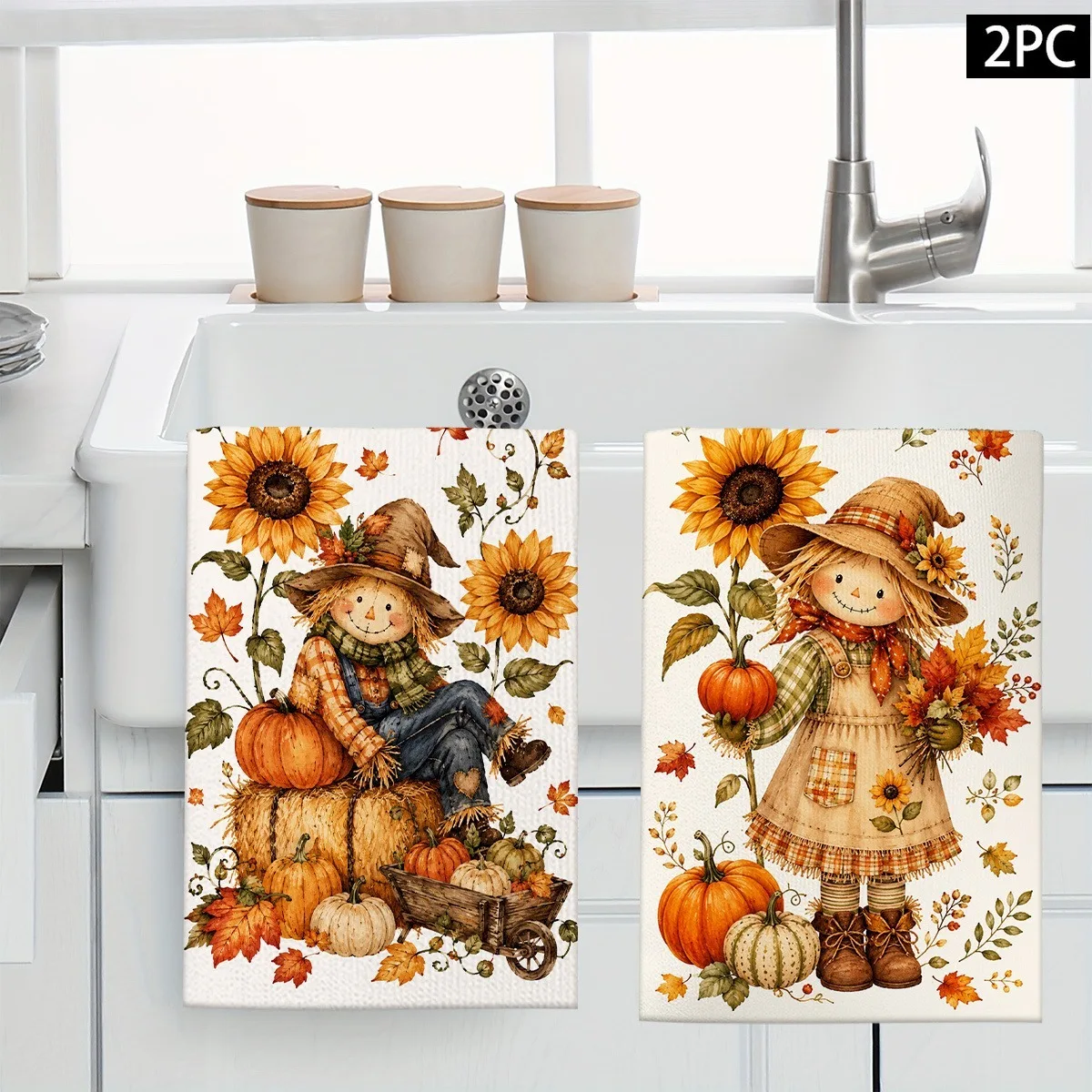 Cleaning Cloth 2PCS Autumn Scarecrow Sunflower Print Pattern Cute Kitchen Towel and Dish Towel