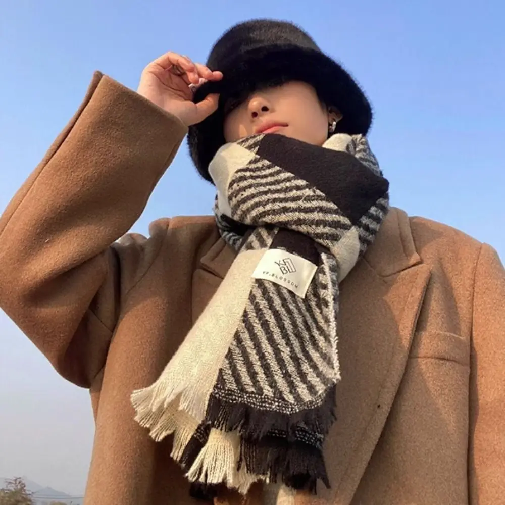

High Quality Korean Striped Plaid Scarf Casual Thicken Winter Men's Scarf Long Warm Checkered Scarf Gifts