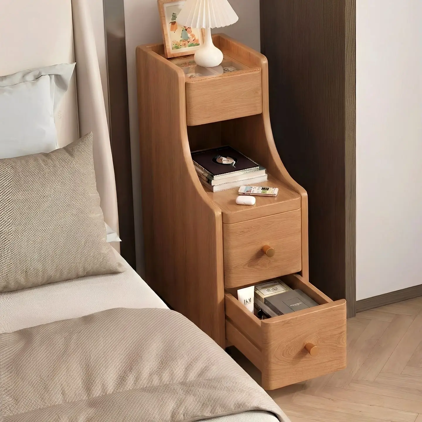 Nightstand, small movable wheels, ultra-narrow gap side cabinet, creative home bedroom storage cabinet, side cabinet