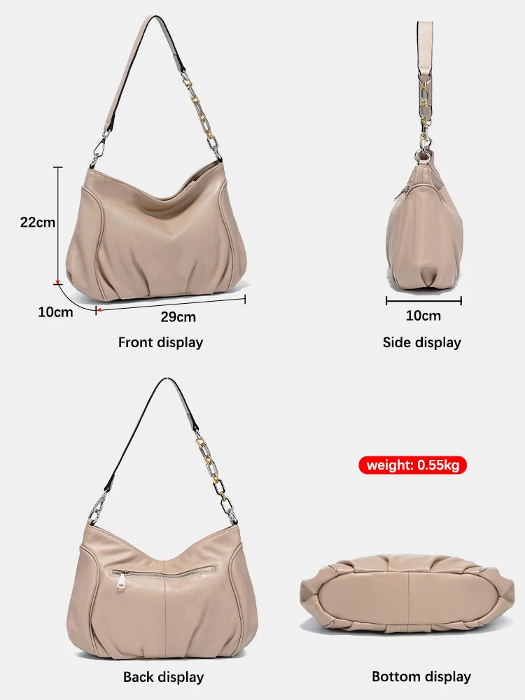 Zency Women Designer Chain Handbags Ruched Shoulder Bags Soft Leather Large Hobo Bags Cross body For Commuter OL Shopper