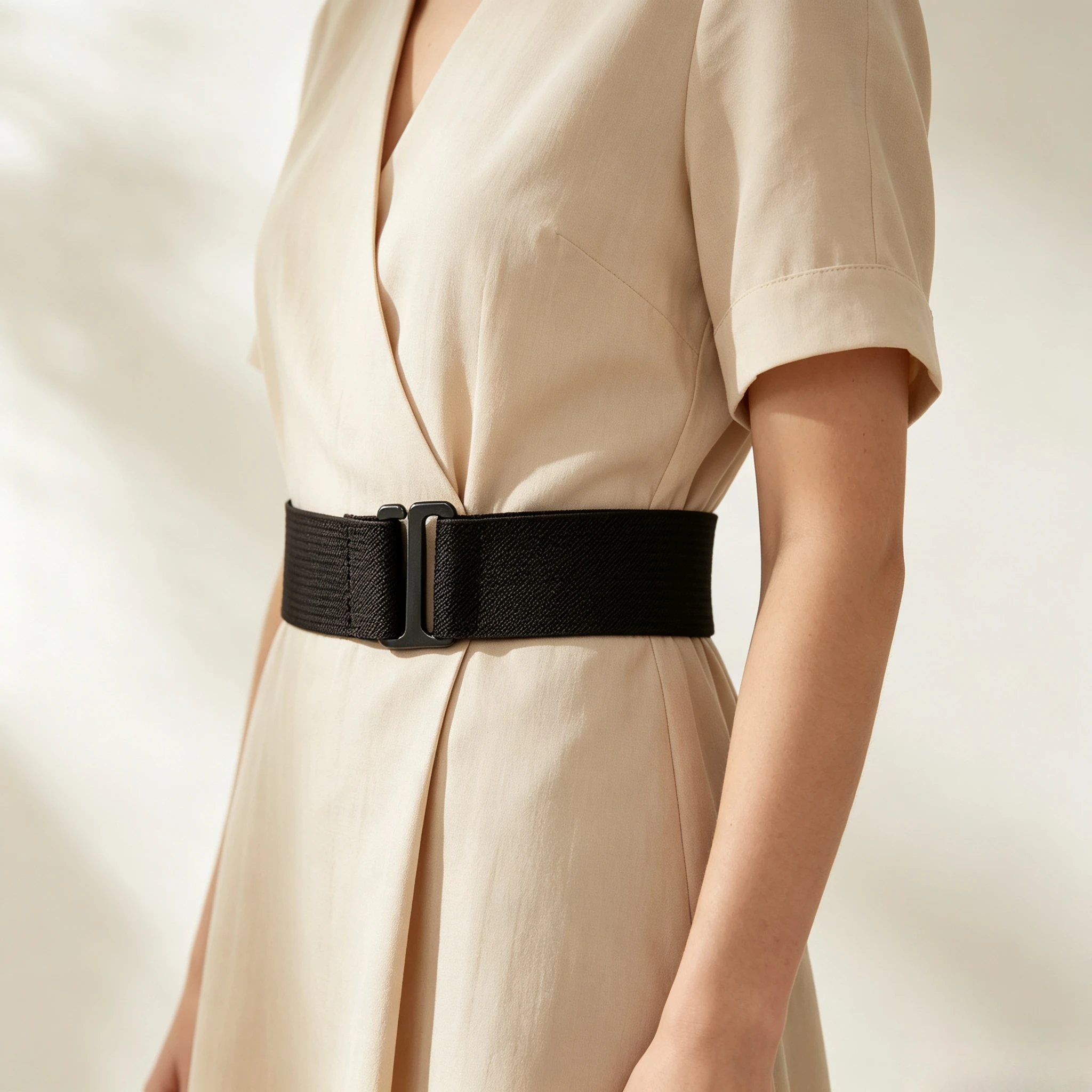 Minimalist Solid Brown Elastic Waistband Matte Silver Flat Bar Buckle Wide Stretch Wrap Corset Belt