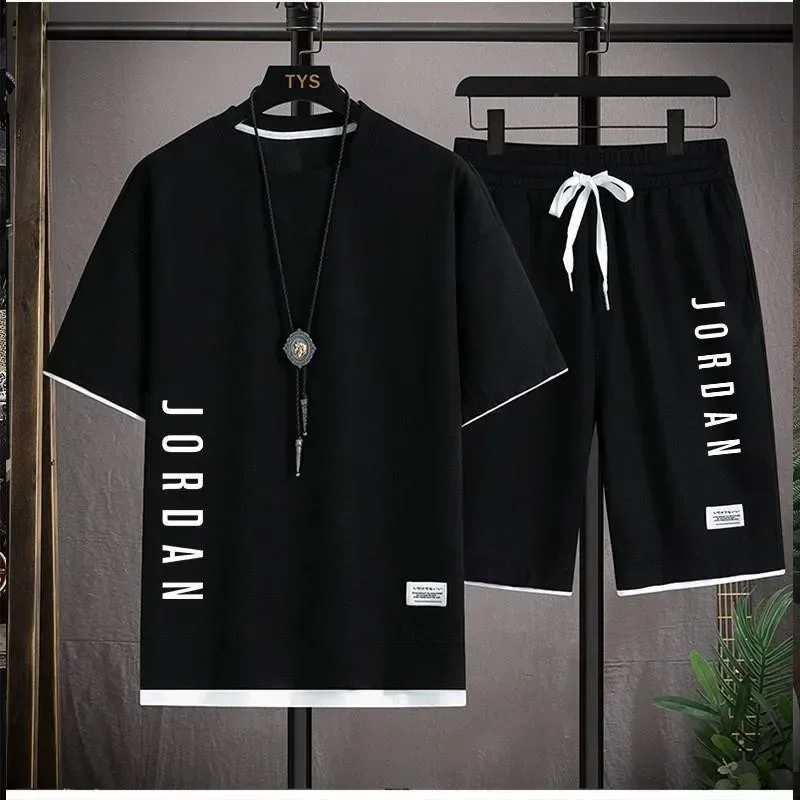 Stylish casual T-shirt + Shorts set Men's sports set Loose comfortable low Run 2025 men's summer Waffle suit