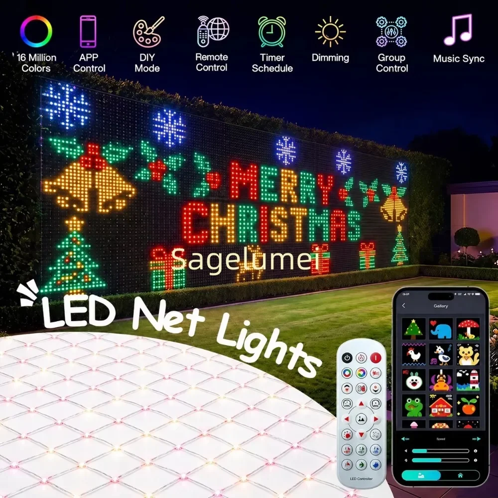 Outdoor Net Lights RGBIC and DIY Functions, 256/512/1025/1536 LEDs Smart with 64 Modes for Bush Patio Decor IP65 Waterproof